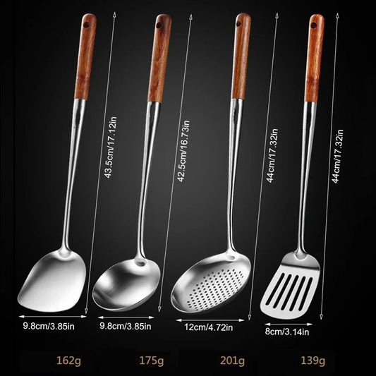 Cooking Utensils Set – 4pcs Stainless Steel Tools with Wood Handle for Baking & Kitchen Use