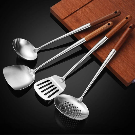 Cooking Utensils Set – 4pcs Stainless Steel Tools with Wood Handle for Baking & Kitchen Use